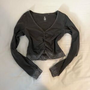 dark grey lace trim long sleeve top